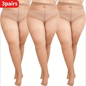 TEMU 여성용 플러스 사이즈 180파운드 시스루 타이츠 3켤레 - 울트라씬 하이웨이스트 롱 스타킹, 강화된 발가락 부분, 통기성 메쉬 디자인, 하루 종일 편안함, 솔리드 컬러, 손세탁 전용, 플러스 사이즈 타이츠, 편안한 신발, 하이웨이스트