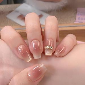 TEMU 핑크 옴브레 프레스온 네일 10개 세트, 골드 포일 장식, 광택 있는 사각 아몬드 모양 여성용 인조 네일, 재사용 가능한 접착식 네일, 우아한 데일리 및 파티 스타일에 완벽, 고급스러운 반짝이는 네일 컬렉션