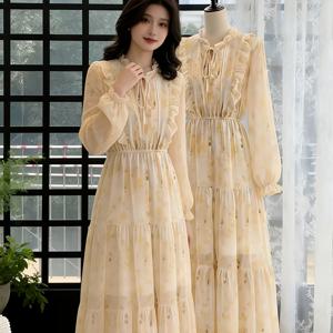 TEMU 우아한 여성용 프렌치 스타일 빈티지 러플 플로럴 프린트 긴소매 원피스, 새로운 허리 슬림핏 기품 있는 맥시 드레스