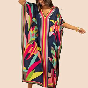 TEMU 플레이스먼트 프린트 비치 커버업 로브 스타일 캐주얼 바캉스 드레스 비키니 탑