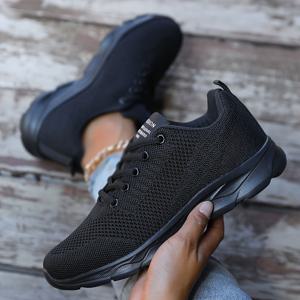 TEMU 여성용 패션 니트 스니커즈 - 가벼운, 사계절용 솔리드 블랙 스니커즈