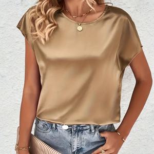 TEMU 우아한 여름 신상품 경량 심플 패셔너블한 기품의 단색 라운드넥 새틴 박쥐 소매 여성 상의