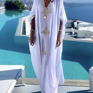 TEMU 플러스 사이즈 - 플러스 사이즈 골드 자수 롱 로브, 편안한 루즈 비치 커버업 드레스, 롱 스커트.