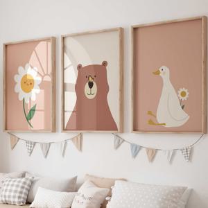 TEMU 2D 플랫, 2D 플랫, 동물 데이지 벽걸이 그림 3개 세트, 사랑스러운 오리, 곰 아기방 장식, 데이지 아트워크, 여아 방 그림, 어린이 방 오리 장식, 현대적인 동물 테마 홈 데코 선물, 액자 없음