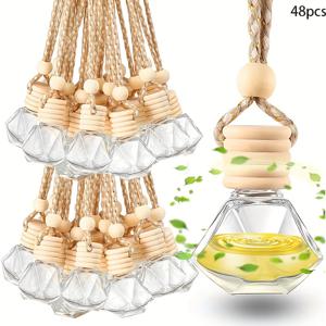 TEMU 25/48개 8ml 차량용 공기 청정제, 빈 투명 유리 에센셜 오일 디퓨저 향수 아로마릴랙스 펜던트 병 비알 장식용 목재 캡 & 매달린 끈-원통형
