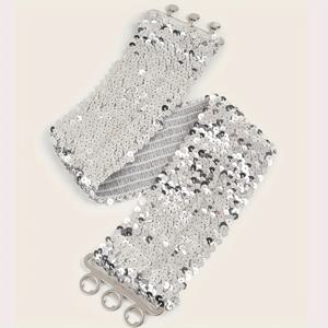 TEMU 여성을 위한 7Cm 반짝이는 글리터 메탈 버클 탄성 허리 벨트, 넓은 커머밤과 스팽글이 특징이며 드레스 장식 및 스트레치 액세서리로 완벽합니다.