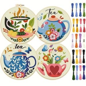 TEMU 4개 세트 티팟 테마 자수 DIY 키트 - 창의적인 꽃무늬 티팟 장식 패턴 포함 - 프린트 자수 천 4장, 자수틀 1개, 충분한 자수실, 자수 액세서리 (랜덤 색상 바늘 실꿰개) 및 영어 설명서 - 자수 애호가 및 초보자용 - 홈 데코, 생일 선물로 사용 가능