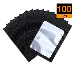 TEMU 검은색 비닐 봉투 100개, 재사용 가능한 자체 밀봉 봉투; 주얼리, 립글로스, 속눈썹, 휴대폰 케이스, 키체인 등 포장용 - 앞면에 프로스트 창문 포함