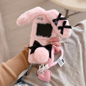 TEMU 폰 케이스: 귀여운 리본 토끼 플러시 접이식 폰 케이스 (손목 스트랩 포함), 갤럭시 Z 플립 6/5/4/3 호환