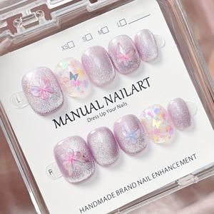 TEMU 아이스 하드, 10개입 짧은 사각 및 원형 핸드메이드 네일 세트, 라이트 퍼플 풀 커버리지 인조 네일, 드림스틱하고 로맨틱한, 나비, 탈착식 및 재사용 가능, 젤리 글루 1개 및 네일 파일 1개 포함, 여성 및
