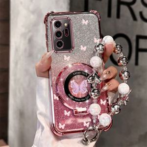 TEMU 휴대폰 케이스 - 고급스러운 나비 진주 손목 스트랩 디자인의 자석 글리터 폰 케이스 (삼성 갤럭시 노트 20 울트라용), 충격 방지 및 스탠드 기능 제공