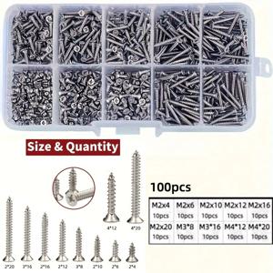 TEMU 100/620개 자가탐침 나사 세트: M2-M4 사이즈, 목재 무늬 스레드, 금속용, DIY 및 가정 수리용