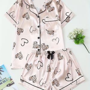 TEMU 하트 프린트 청소년용 반팔 잠옷 세트, 십대용