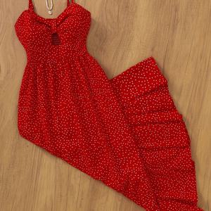 TEMU 여성 여름 레드 물방울 무늬 바캉스 스타일 롱 드레스