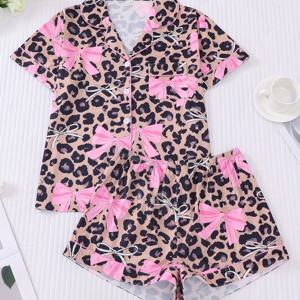 TEMU 2pcs 핑크 리본 프린트 여성용 파자마 세트, 아름다운 패션 파티 잠옷, 반팔 오픈 프론트 블라우스 및 루즈핏 탄성 반바지, 캐주얼 올 시즌 여성용 파자마 및 라운지웨어