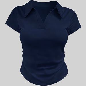 TEMU 라펠 디자인 숄더 셔츠, 숏 슬리브, 러플 웨이스트, 티셔츠. 여성용 숏 슬리브 V넥 탑, 여름 디자인