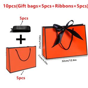 TEMU 10개 (검정 리본 5개 + 오렌지 선물백 5개) 럭셔리 오렌지 종이 선물백 검정 리본과 손잡이 포함 - 결혼식, 생일, 발렌타인데이, 어머니날, 할로윈, 크리스마스에 이상적 | 우아한 디스플레이와 축제 장식, 선물 포장 | 우아한 선물백, 쇼핑백 | 튼튼한 손잡이 백, 크리스마스에 완벽