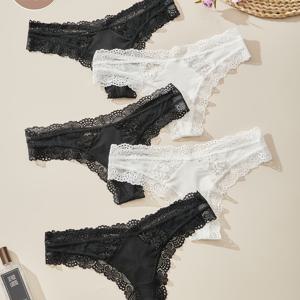 TEMU 5개 레이스 섹시 드로스트링 여성용 티팬티 플로럴 통기성 로맨틱 친밀한 순간 섹시 여성 란제리 단색 부드러운 통기성 속옷 섹시 여성 속옷 블랙, 화이트, 단색 선물 사계절 적용 란제리
