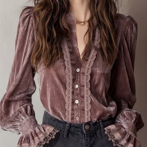 TEMU 어반 엘레강스 커뮤터 로즈 엘레강스 빈티지 코듀로이 레이스 패치워크 셔츠 Niannian