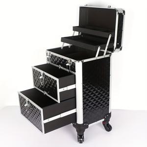 TEMU 대형 사이즈 튼튼한 블랙 메이크업 여행용 케이스 (바퀴 포함), 전문가용 보관 케이스, 알루미늄 롤링 메이크업 트레인 케이스, 네일 폴리쉬 케이스, 헤어 스타일리스트 메이크업 정리함, 여행 가방, 화장품 상자, 뷰티 러기지 트롤리 (잠금 가능, 서랍 2개 포함)|매니큐어