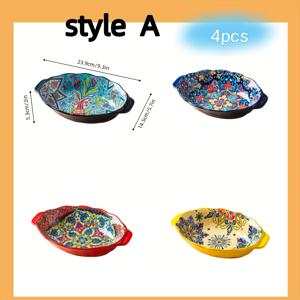 TEMU 스타일 세라믹 딥 샐러드 플레이트 4개 세트. 9.3인치 세라믹 파스타 및 디저트 접시, 이중 손잡이 디자인, 오븐 및 전자레인지 사용 가능
