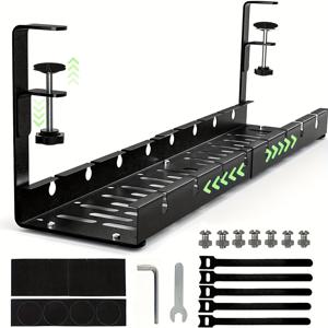 TEMU 1개 조절 가능한 무드릴 금속 케이블 정리 트레이, 책상 아래 전선 정리기, 확장형 클램프 전선 정리기와 접이식 멀티탭 홀더 포함, 렌치 및 케이블 타이 제공, 코드 및 책상 정리에 이상적, 케이블 정리용