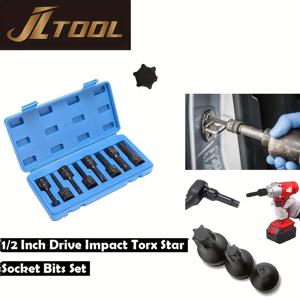 TEMU 8피스 1/2인치 드라이브 임팩트 소켓 토크스 비트 세트 스타 비트 소켓 헤비듀티 임팩트 등급 Cr-Mo T30~T80 렌치 공구 세트 수리용