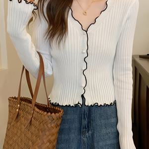 TEMU 여성용 V넥 러플 장식 긴팔 카디건