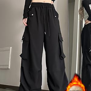 TEMU 핫 아메리칸 스타일 화이트 플리츠 카고 팬츠 여성용, 신상 가을/겨울 두꺼운 안감 하이스트리트 힙합 웨이스트 캐주얼 레그 롱 바지