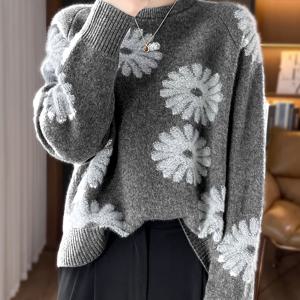 TEMU 가을/겨울 여성용 두꺼운 플로럴 울 스웨터 - 회색/흰색, 라운드넥 긴팔 울 탑, 캐주얼 및 포멀한 모든 장면에 스타일리시, 우아함과 편안함을 결합