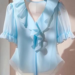 TEMU Franklia V넥 플리츠 장식 퍼프 슬리브 캐주얼 탑, 스타일리시하고 트렌디함