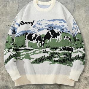 TEMU 신상 가을/겨울 남성용 심플 베이직 캐주얼 스타일 하늘 흰 구름 초원 소 패턴 영문자 청춘 크루넥 풀오버 스웨터