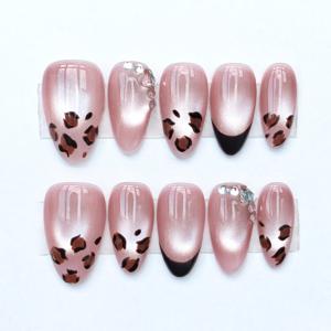 TEMU Toitoi| 핸드메이드 프레스 온 네일 - 누드 핑크 베이스와 유광 마감의 숏 아몬드형, 프린트 패턴, 블랙 프렌치 팁, 라인스톤 액센트 포함 - 데일리웨어 및 가을 파티용 시크한 아크릴 인조네일/가을 네일