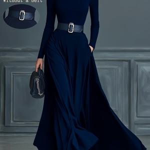 TEMU 새로운 크로스보더 여성 패션 우아한 여성 단색 하이 칼라 긴팔 드레스 여성 가을/겨울 대형 스윙 스커트 허리 A라인 롱 스커트