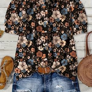 TEMU 여성용 우아한 프린트 칼라 반팔 셔츠 - 진한 갈색 멀티컬러 화려한 플로럴 패턴, 통기성 버튼 프론트 봄 여름 캐주얼 세미포멀 탑, 세탁기 사용 가능한 패션 여성복. 스타일리시하고 세련된 디자인