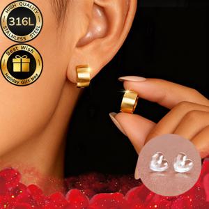 TEMU 18K 골드 도금 광택 와이드 후프 귀걸이 세트, 귀쿠션 포함, 신규 피어싱 및 일상 착용에 이상적, 크리스마스 및 발렌타인데이 선물 박스 포함, 저자극성, 316L 스테인리스 스틸