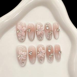 TEMU 아몬드 브라운 입체 꽃 고양이 눈 매니큐어 3D 입체 아이스 꽃 장식 웨어러블 네일, 모든 파티, 캠퍼스 로맨스, 웨딩 장면, 패션 스타일 착용 프레스온 인조 네일 조각에 적합