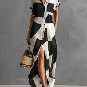 TEMU 여성용 비정형 기하학 프린트 라펠 반팔 롱 셔츠 원피스