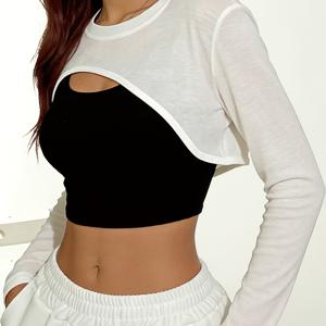 TEMU 여성용 메쉬 크롭 탑 라운드 넥 긴팔 크롭 탑 시스루 셔츠 탑 비대칭 디자인 섹시한 클럽 의상