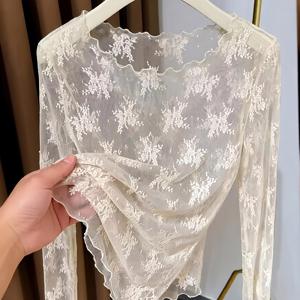 TEMU 관점 라운드넥 레이스 베이스 셔츠 여성용 신상 가벼운 얇은 관점 긴소매 안감 메쉬 스몰 셔츠 얇은