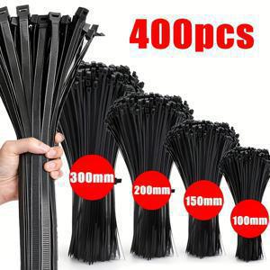 TEMU 다양한 크기의 400개 검정색 자동 잠금 나일론 케이블 타이 (4인치/6인치/8인치/12인치), 40파운드 인장 강도, 실내 및 실외 사용에 적합한 고품질 자동 잠금 나일론 타이