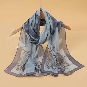TEMU 1개 우아한 플로럴 시폰 스카프, 50x150cm 크기, 긴 유려한 스타일. 부드럽고 우아한 베이지-브라운/블루-그레이 배경, 섬세한 핸드페인팅 플로럴 패턴과 독특한 에지 디자인. 가볍고 통기성 좋은 피부 친화적 소재