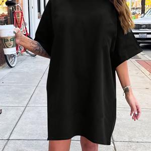 TEMU 플러스 사이즈, 플러스 사이즈 맥시 드레스 - 단색 라운드 넥 반팔 A라인 여름 드레스, 세탁기 사용 가능 봄/여름 웨딩 게스트 드레스, 캐주얼 & 세미 포멀 아웃핏, 따뜻한 날씨용 쉬운 관리 티셔츠 맥시 드레스 (드라이클리닝 금지)