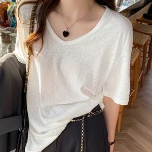 TEMU 여성용 반팔 티셔츠, 여름 V넥 다용도 눈꽃 쿨 탑, 얇고 루즈핏 레귤러 숄더 대나무 티