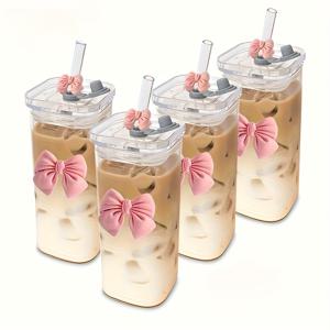 TEMU 가을과 겨울에 어울리는 4/6개입 사각형 유리컵, 밀크티에 딱 맞는 제품, 휴대용 리본 장식 음료 컵, 뚜껑과 빨대가 포함된 12온스/350ml 유리컵, 수집가와 가족에게 이상적입니다