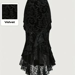 TEMU 가을 신상 고딕 우아한 럭셔리 궁전 스타일 레이스 트림 해골 엠보싱 벨벳 패치워크 레이스 밑단 여성용 머메이드 롱 드레스, 할로윈 + 니안니안에 적합