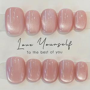 TEMU 핸드메이드 핑크 숏 스퀘어 라운드 프레스온 인조 손톱 10개입, 프렌치 캣 아이 디자인, 정교한 장인 정신, 사랑에 항상 필요, 약간 짧게 착용 가능, 네일 파일, 스틱, 젤리 글루 포함