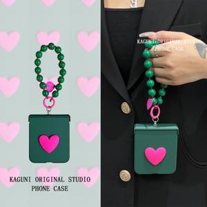 TEMU 휴대폰 케이스: 빈티지 컬러블록 로즈 레드 하트 핸드 스트랩 체인 케이스, 삼성 Z Flip6/5/4/7용, 새로운 접이식 화면 갤럭시 W24 플립 심플 플립 커버, 낙하 방지 보호 케이스, 인스타 스타일