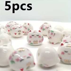 TEMU 행운의 고양이 & 부자 세라믹 비즈 5개 세트 - DIY 액세서리 만들기용 수제 참, 컬러풀 수직홀 비즈 (1.4x1.6cm) 목걸이 펜던트, 행운의 고양이 액세서리