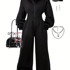 TEMU 여성 점프수트, 후드가 있는 지퍼업 후드티, 하이웨이스트 바지